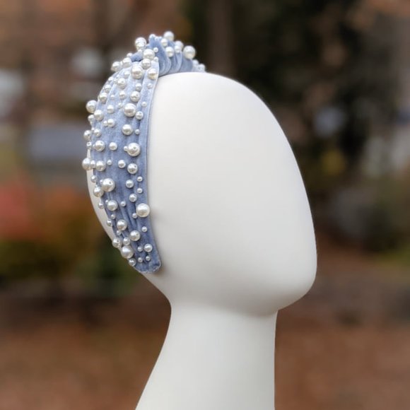 Muted Blue Pearl Beaded Knot Velvet Headband Handmade Bridal Wedding Bridesmaid